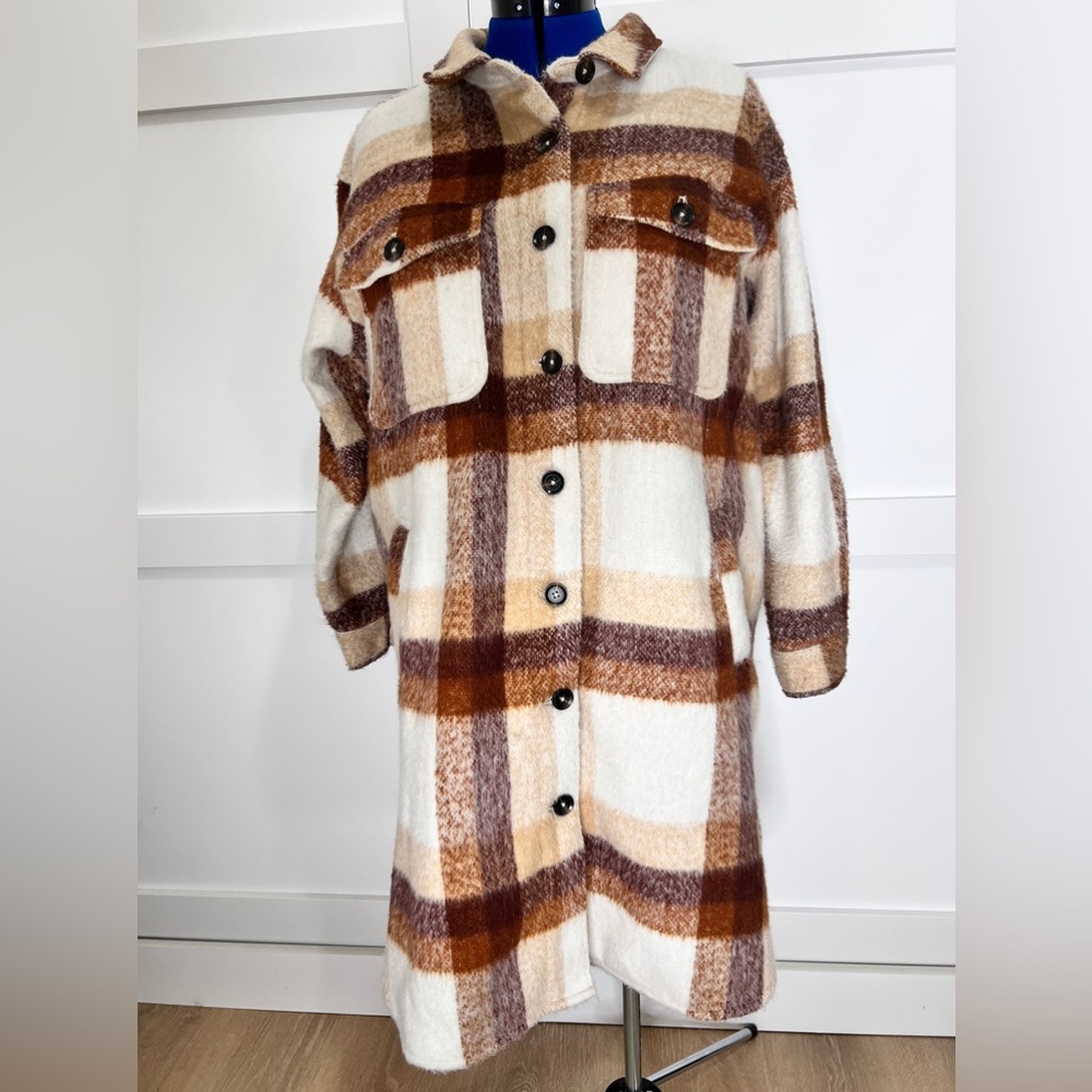 Maurices Women Neutral Plaid Wool
Blend Button Front Longline Shacket.
1X